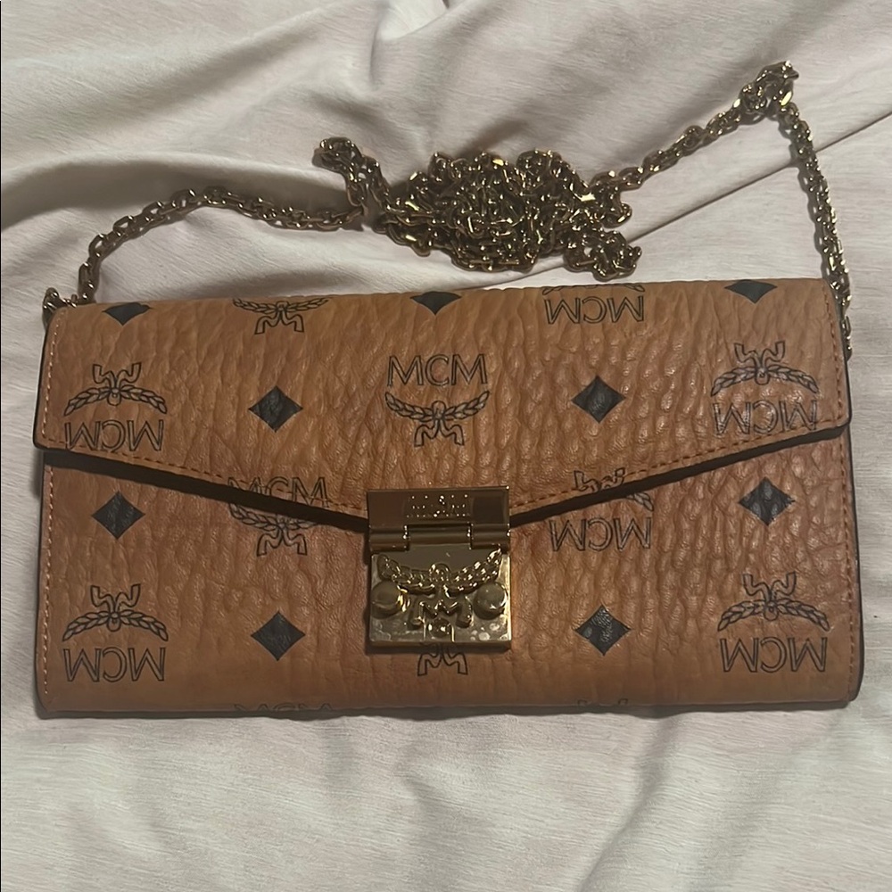 MCM Tan Clutch with Monogram Print and Gold Hardware